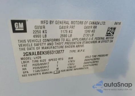 2014 Chevrolet Equinox Lt из США, поврежденный, VIN 2GNALBEK9E6313877